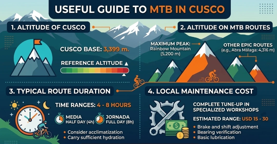 “Helpful MTB Guide for Cusco” infographic with four sections: Cusco base altitude (3,399 m), max route altitude (up to 5,200 m), typical ride duration (4 to 8 hours), and estimated local maintenance cost (USD 15 to 30), illustrated with mountain, clock, and tools icons.