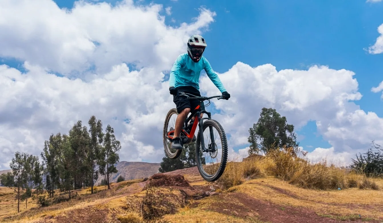 Mountain biker wearing a full-face helmet doing a small jump on a rocky trail under a blue sky with large clouds and trees in the background. intermediate MTB level Cusco
