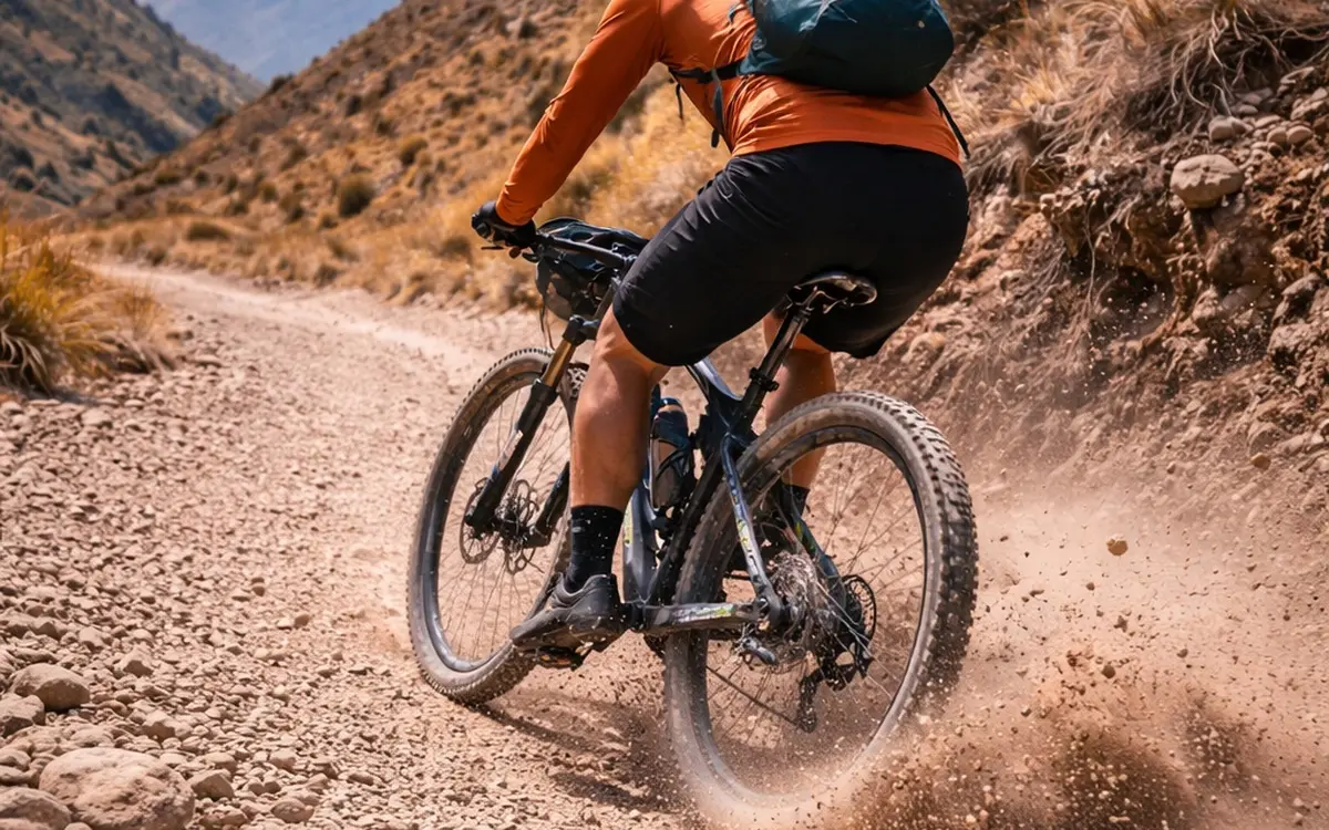 El rider mantiene tensi贸n en el cuerpo mientras intenta corregir la bicicleta, una situaci贸n t铆pica al practicar c贸mo rodar en grava en Cusco.