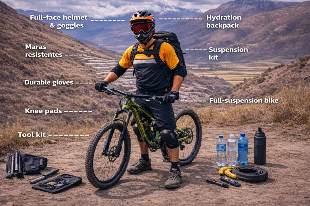 He wears a full face helmet, protective goggles, and a hydration pack, ready for a demanding ride.