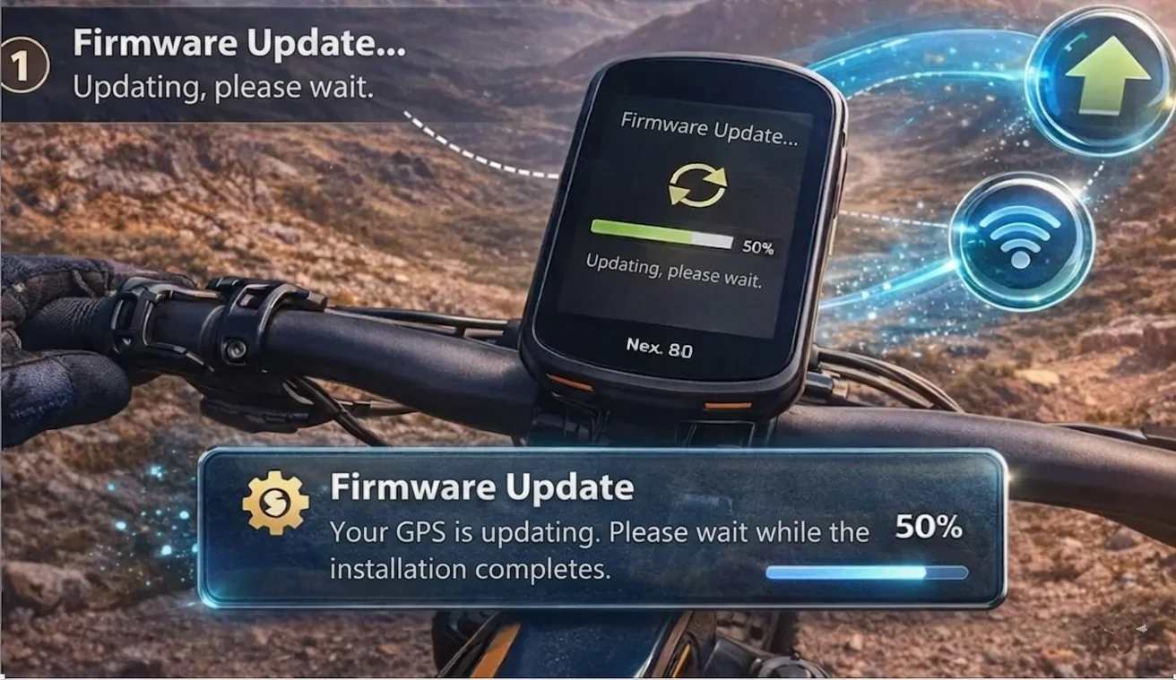 GPS screen with a progress bar, highlighting that updating the firmware is the first step.